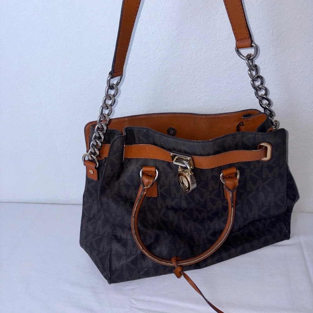Michael Kors hamilton signiture Monogram Satchel Bag Brown Leather Chain Strap